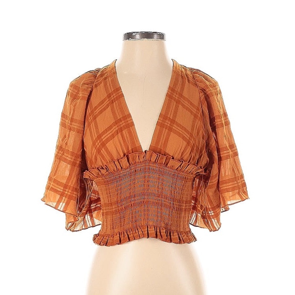 Anthropologie Orange Plaid Plunge Flutter Sleeve Top - XS